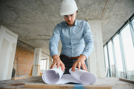 Architect in hard hat with draft.の写真素材