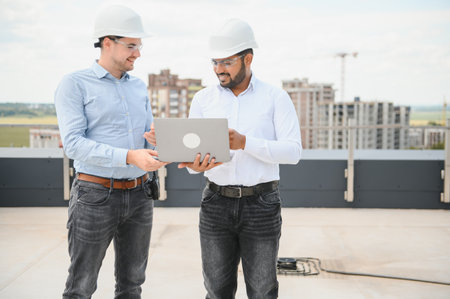 two architect engineers are walking in a constructed office building. implementation of the project.