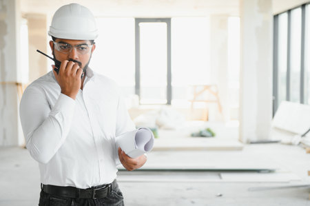 construction concept. Portrait of a young architect at a construction site.の写真素材