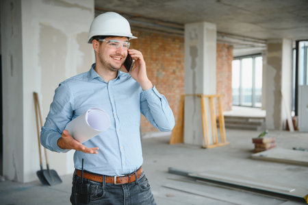 Architect holding blueprints and wearing a helmet.の写真素材