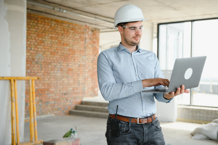 Male architect working on laptop at construction site.
