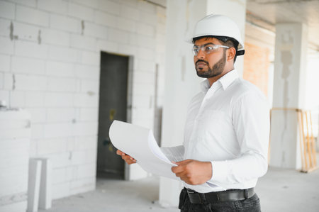 Male architect in hard hat at construction site.