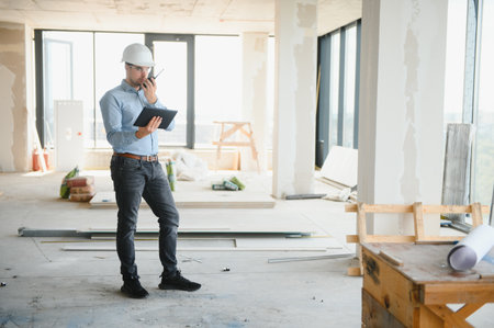 Engineer with tablet, building inspection. Construction man in helmet build new house.の写真素材