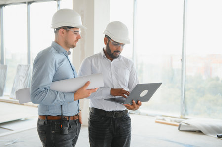 two architect engineers talking in a constructed office building.