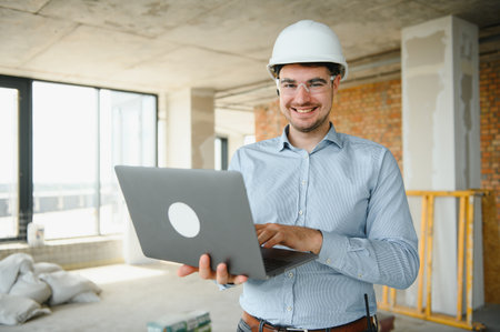 Supervisor using laptop at construction site.の写真素材