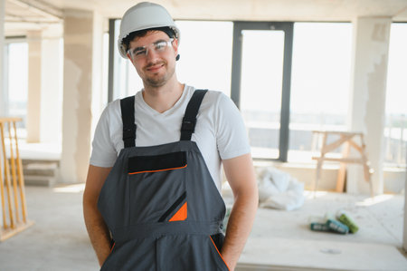 Young man builder wearing hardhat at construction site.の写真素材