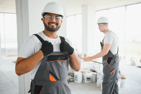 moving, repair and people concept - happy smiling Indian worker.の写真素材