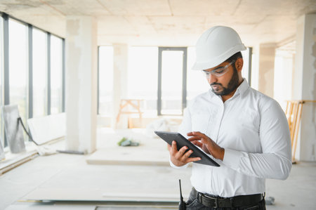 construction concept. Portrait of a young architect at a construction site.の写真素材