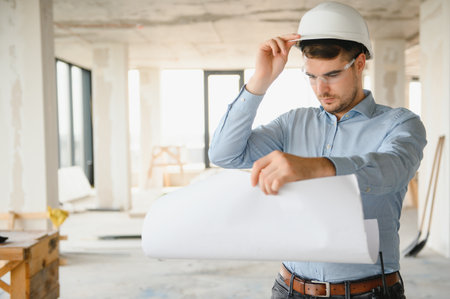 Portrait of an architect builder studying layout plan of the rooms, civil engineer working with documents on construction site, building and home renovation, professional foreman at workの写真素材