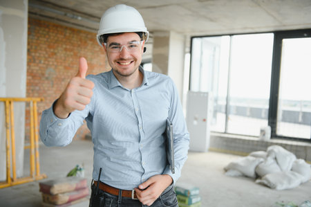 Man builder. Architect at construction site. Builder with tablet computers and papers. Man inspector...