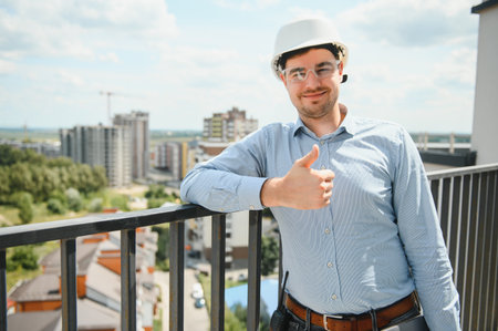 construction concept. Portrait of a young architect at a construction site.の写真素材