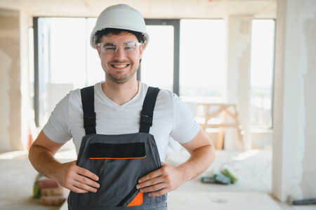 portrait of handsome construction worker on building industry construction site.の写真素材
