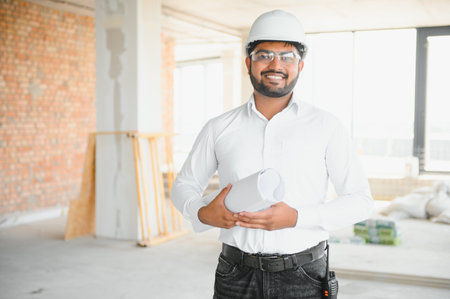 Male architect in hard hat at construction site.