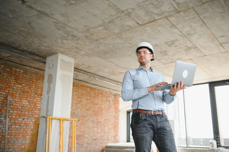 Supervisor using laptop at construction site.