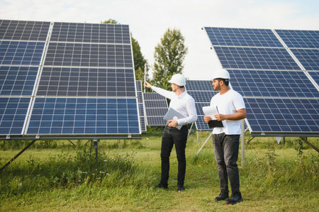 Two engineers are conducting outdoor inspection of solar photovoltaic panels.の写真素材