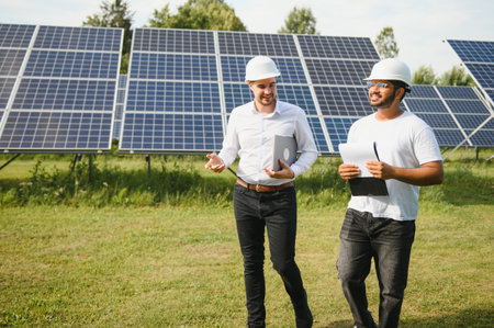 Engineer and businessman planning new ecology project. around solar panel.