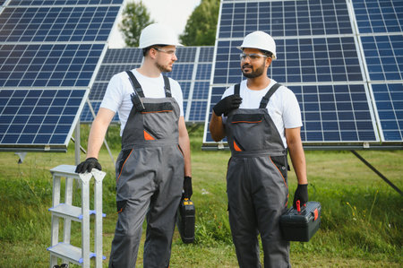 Engineer worker working in solar panels power farm. Two technician working at solar power station.の写真素材