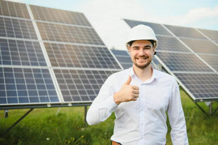 The solar farm, solar panel with engineer check the operation of the system, Alternative energy to conserve the world's energy, Photovoltaic module idea for clean energy production.の写真素材