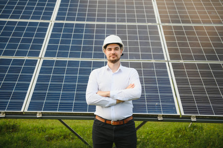 Young architect standing by solar panels.