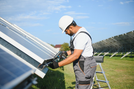 Indian man in uniform on solar farm. Competent energy engineer controlling work of photovoltaic...