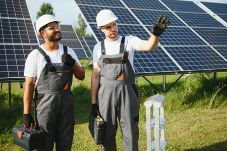 Two workers installing solar panels.の写真素材