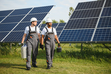 A team of two engineers are working to install solar panels at a solar power station. Engineer team discussing the work to install solar cells.の写真素材