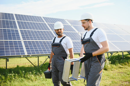 Engineering team working on checking and maintenance in solar power plant, Solar panel technician installing solar panels a sunny day.の写真素材