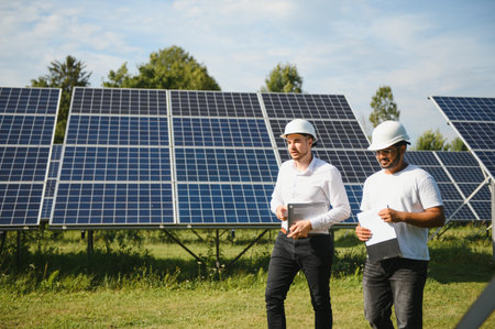 Indian engineer and businessman planning new ecology project. around solar panel roof.
