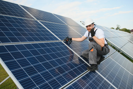 Male worker in uniform with a drill - screwdriver in his hand on a stepladder near solar panels.の写真素材