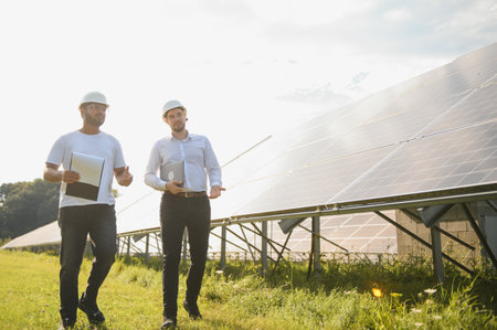 Two engineers are conducting outdoor inspection of solar photovoltaic panels.