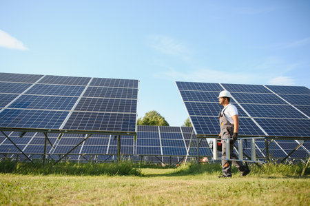 Portrait of Young Indian man technician wearing white hard hat standing near solar panels against...