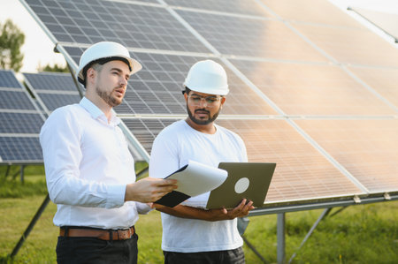 The solar farm, solar panel with two engineers walk to check the operation of the system, Alternative energy to conserve the world's energy, Photovoltaic module idea for clean energy productionの写真素材
