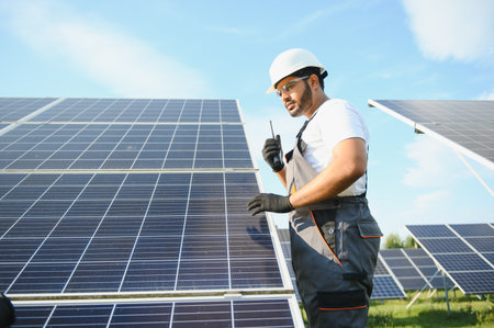 Portrait of an Indian worker talking on a walkie-talkie against the background of solar panels.