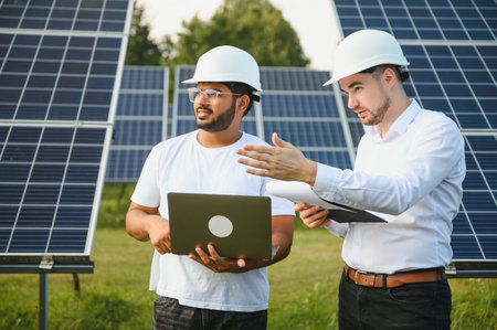 Engineer and businessman planning new ecology project. around solar panel roof.