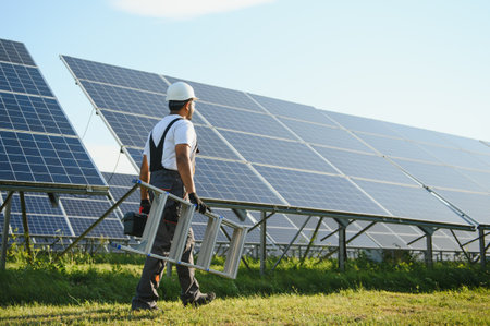 An Indian worker in uniform and with tools works on a solar panel farm.