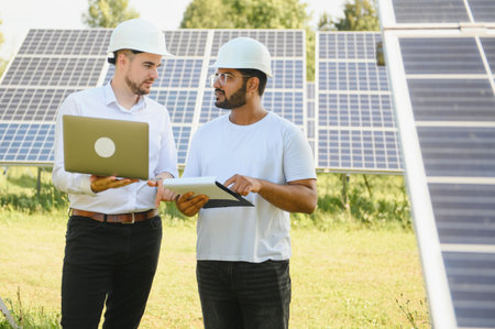 Indian engineer and businessman planning new ecology project. around solar panel roof.