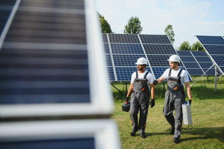 Engineer worker working in solar panels power farm. Two technician working at solar power station.