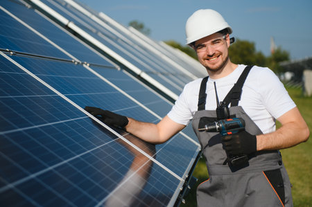 Worker installing solar panels outdoors.