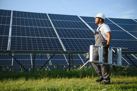Indian worker with screwdriver works on solar panels. Renewable energy.の写真素材