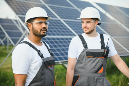 A team of two engineers are working to install solar panels at a solar power station. Engineer team discussing the work to install solar cells.の写真素材
