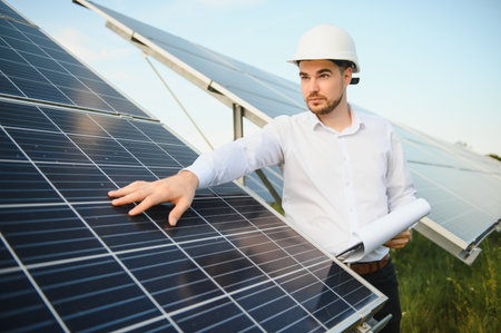 The solar farm, solar panel with engineer check the operation of the system, Alternative energy to conserve the world's energy, Photovoltaic module idea for clean energy production.の写真素材