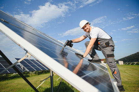 Worker installing solar panels outdoors.