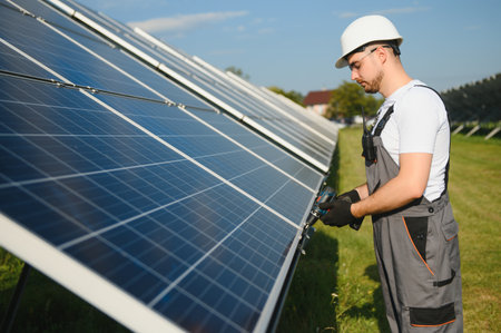 Male worker in uniform with a drill - screwdriver in his hand on a stepladder near solar panels.