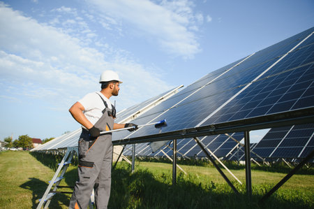 Professional worker cleans solar panels with brush, green electric power technology.