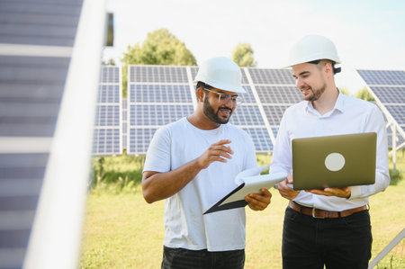 The solar farm, solar panel with two engineers walk to check the operation of the system,...