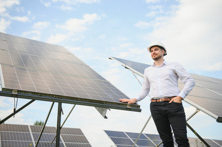The solar farm, solar panel with engineer check the operation of the system, Alternative energy to...