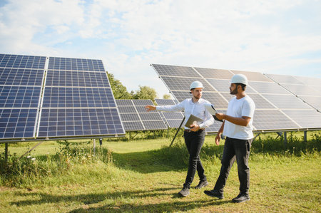 Solar power plant with two engineers walking and examining photovoltaic panels. Concept of...