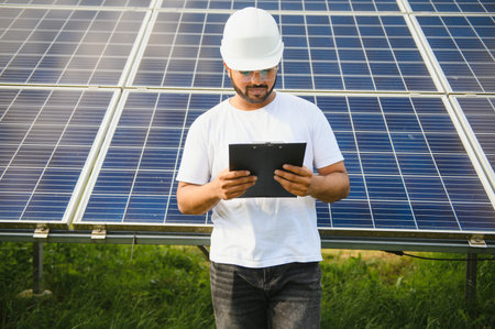 Portrait of a young Indian male engineer working in a field of solar panels.の写真素材