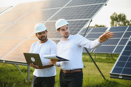 Engineer and businessman planning new ecology project. around solar panel.