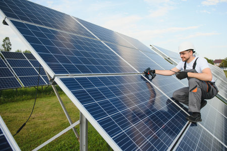 Worker installing solar panels outdoors.